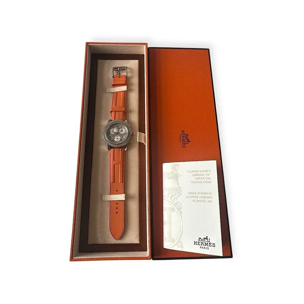 Hermès Clipper CP2.410 Diver Chronograph 36mm Orange Strap Watch Set